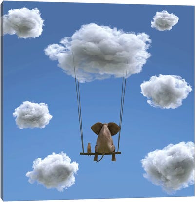 Elephant And Dog Are Flying On A Cloud II Canvas Art Print - Kids Animal Art