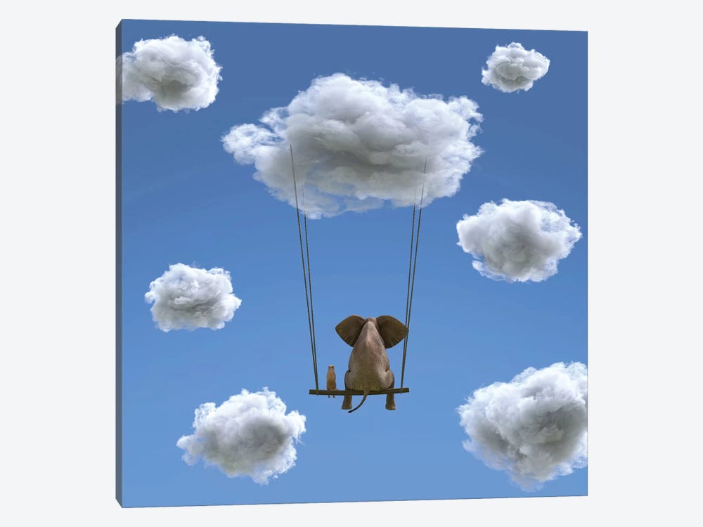 Elephant And Dog Are Flying On A Cloud II by Mike Kiev 1-piece Canvas Art