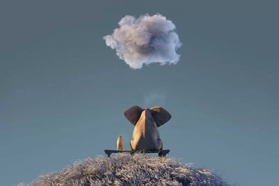 Elephant And Dog Are Sitting In The Autumn Meadow by Mike Kiev art print