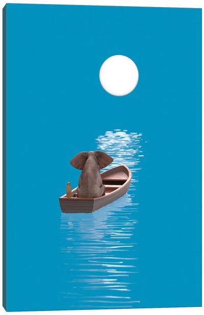 Elephant And Dog Sail In A Boat At Blue Sea Canvas Art Print - Rowboat Art