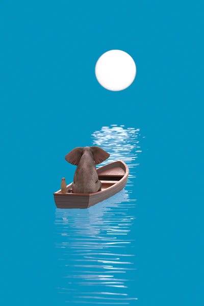 Mike Kiev: Elephant And Dog Sail In A Boat At Blue Sea by Mike Kiev