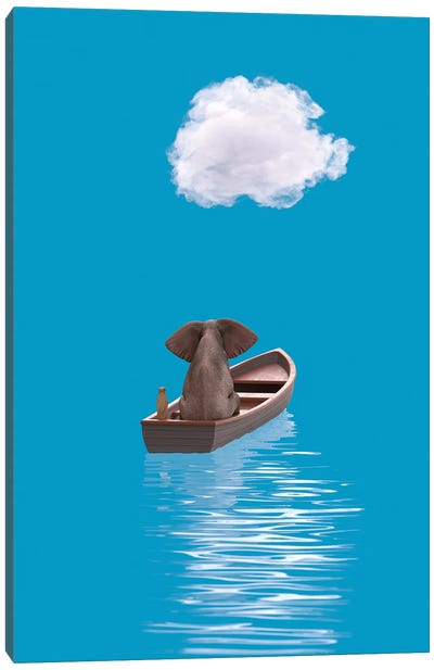 Elephant And Dog Sail In A Boat At Blue Sea II Canvas Art Print - Rowboat Art