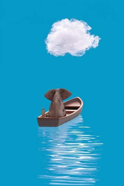 Mike Kiev: Elephant And Dog Sail In A Boat At Blue Sea II by Mike Kiev