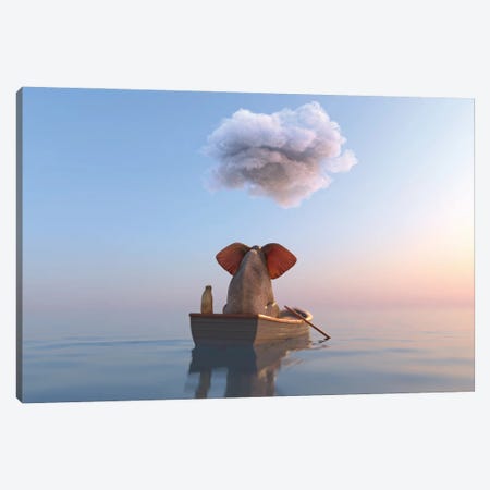 Elephant And Dog Sail In A Boat On The Sea Canvas Print #MII163} by Mike Kiev Canvas Art Print