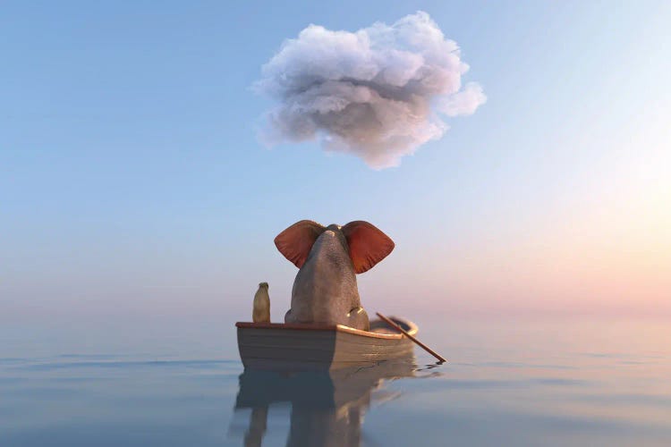 Elephant And Dog Sail In A Boat On The Sea