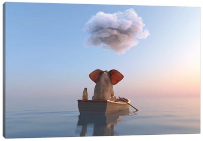 Elephant And Dog Sail In A Boat On The Sea Canvas Art Print - Rowboat Art