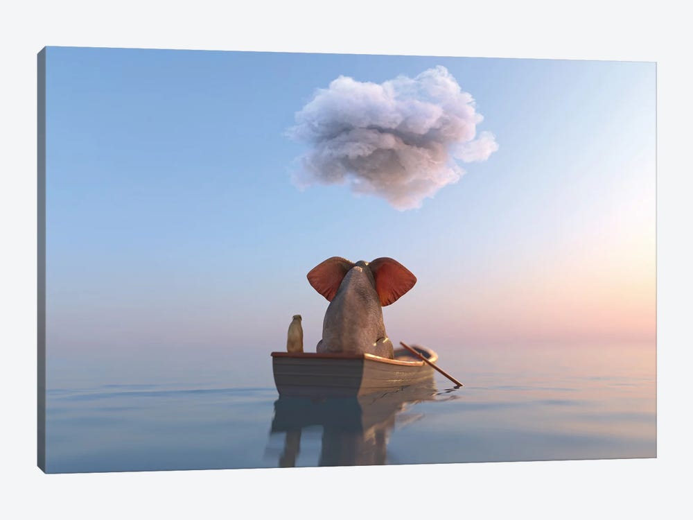 Elephant And Dog Sail In A Boat On The Sea by Mike Kiev 1-piece Canvas Art