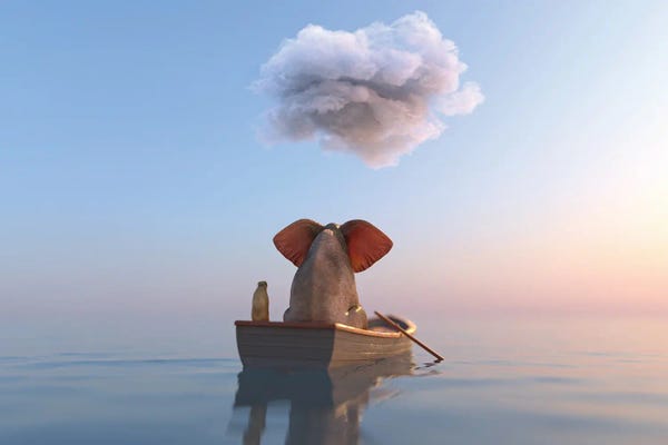 Rowboats: Elephant And Dog Sail In A Boat On The Sea by Mike Kiev