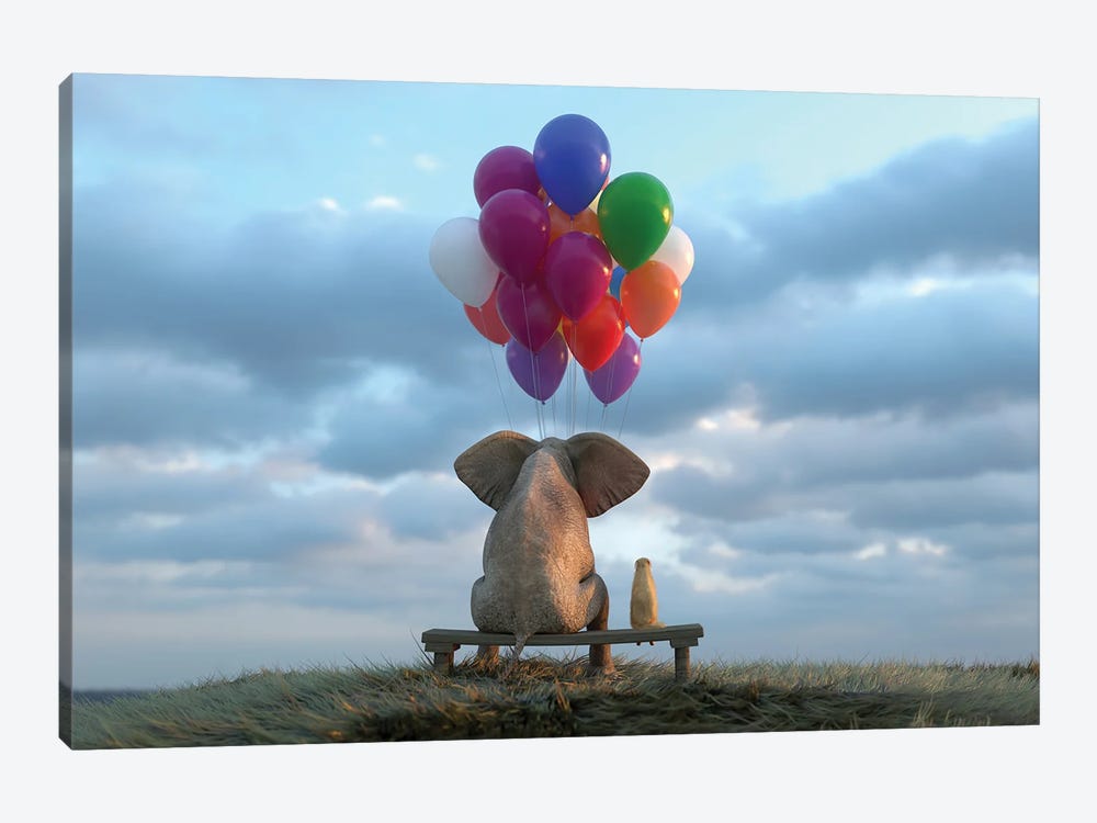 Elephant And Dog Sit In The Meadow With Helium Balloons by Mike Kiev 1-piece Canvas Art