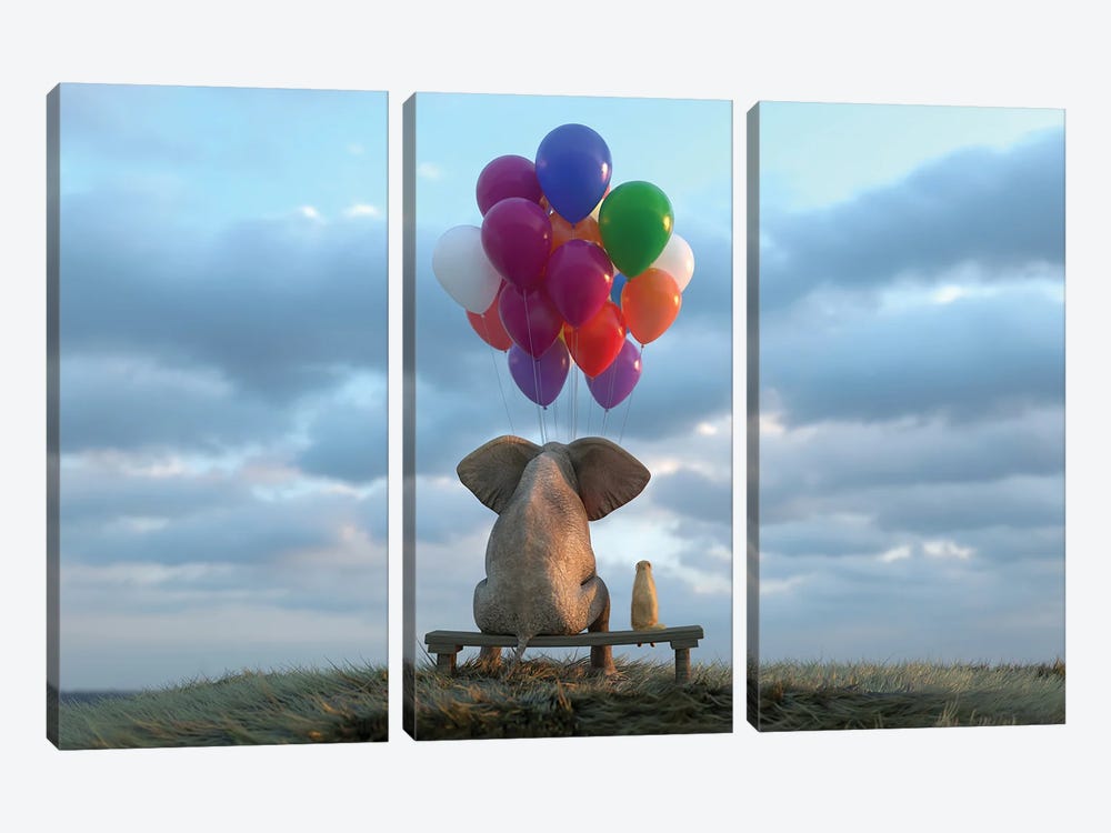 Elephant And Dog Sit In The Meadow With Helium Balloons by Mike Kiev 3-piece Canvas Art