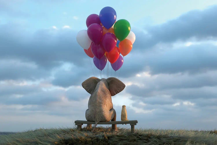 Elephant And Dog Sit In The Meadow With Helium Balloons by Mike Kiev wall art