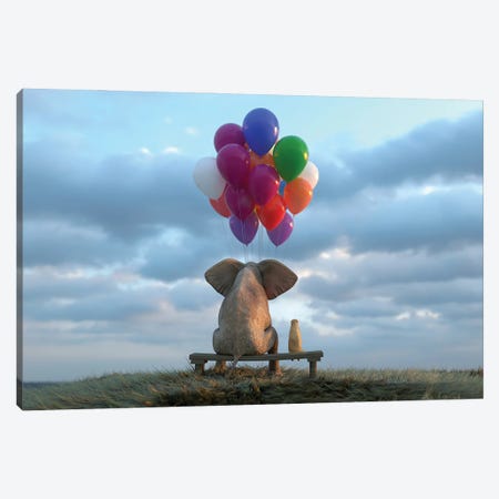 Elephant And Dog Sit In The Meadow With Helium Balloons Canvas Print #MII165} by Mike Kiev Canvas Art