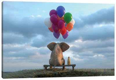 Elephant And Dog Sit In The Meadow With Helium Balloons Canvas Art Print - Mike Kiev