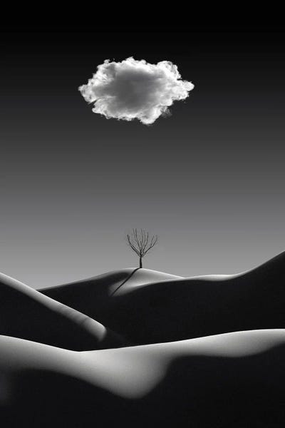 Mike Kiev: Black And White Minimalist Landscape With White Cloud by Mike Kiev
