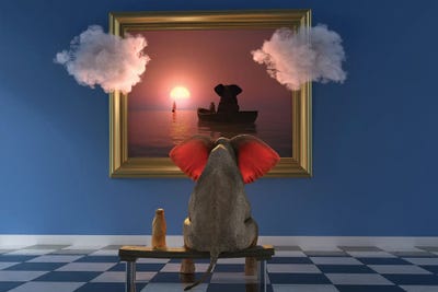 An Elephant And A Dog Look At A Painting In A Museum by Mike Kiev canvas print