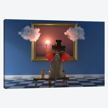 An Elephant And A Dog Look At A Painting In A Museum Canvas Print #MII170} by Mike Kiev Canvas Art