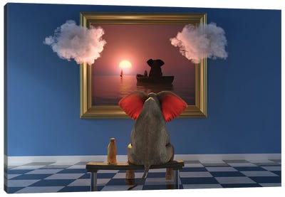 An Elephant And A Dog Look At A Painting In A Museum Canvas Art Print - Mike Kiev