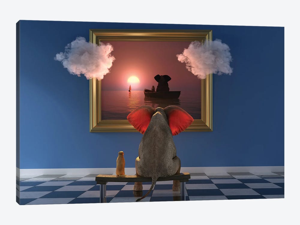 An Elephant And A Dog Look At A Painting In A Museum by Mike Kiev 1-piece Canvas Artwork