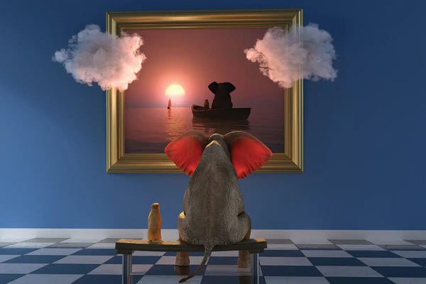 Elephants: An Elephant And A Dog Look At A Painting In A Museum by Mike Kiev