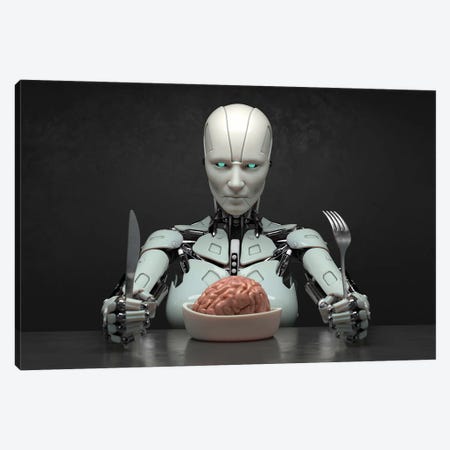 Robot Eats The Human Brain Canvas Print #MII171} by Mike Kiev Canvas Wall Art
