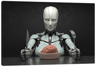 Robot Eats The Human Brain Canvas Art Print - Robot Art