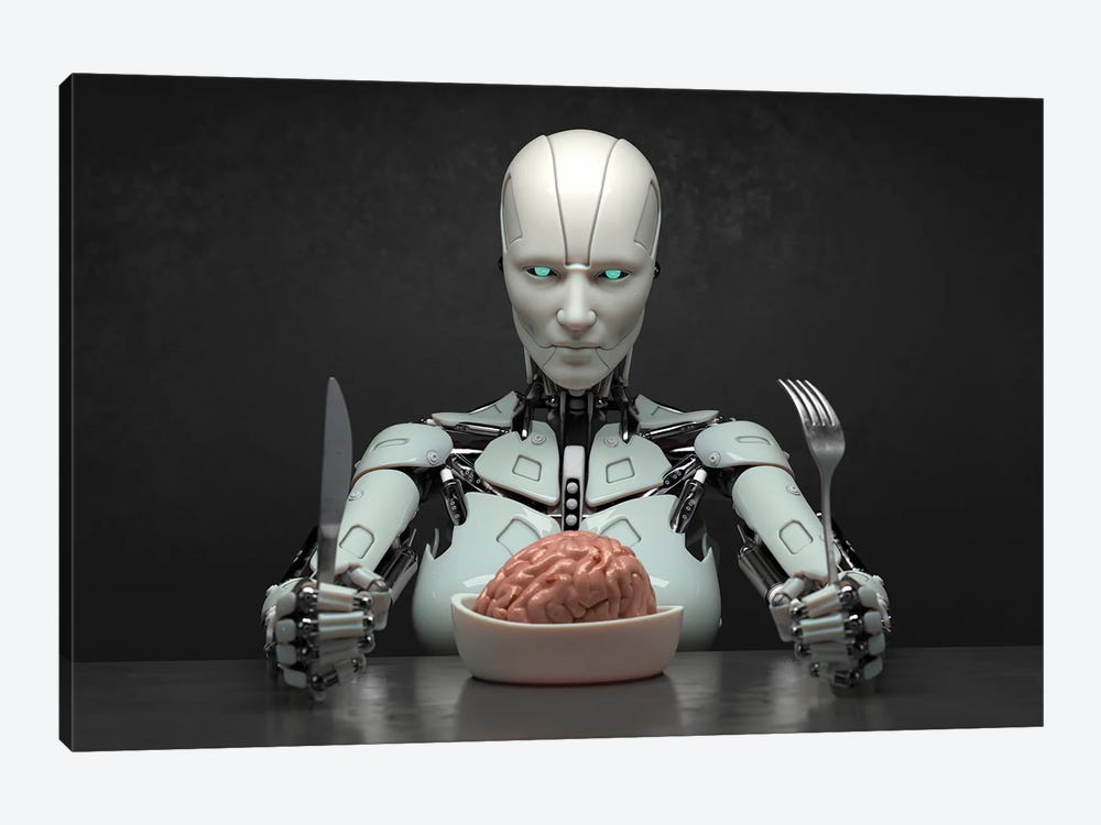 Robot Eats The Human Brain by Mike Kiev 1-piece Canvas Print