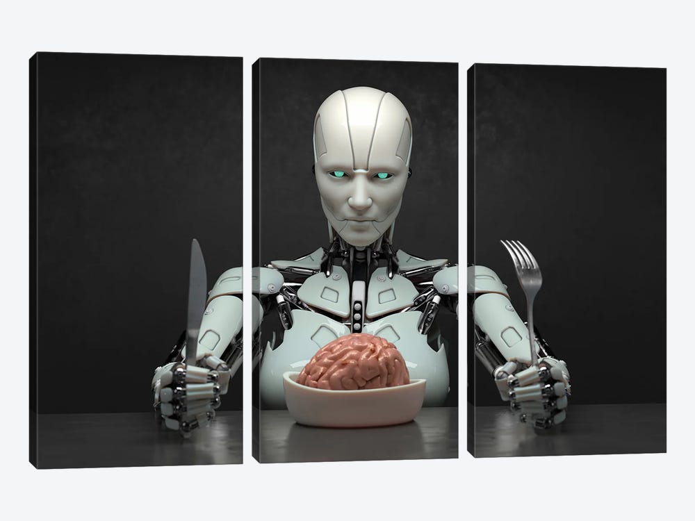 Robot Eats The Human Brain by Mike Kiev 3-piece Canvas Print
