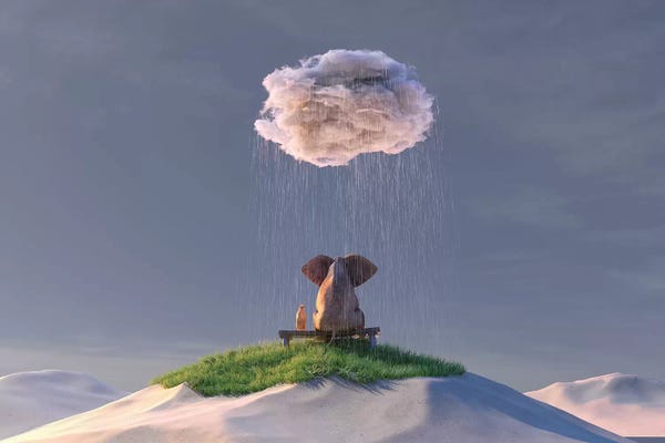 Rain: Elephant And Dog Are Sitting In The Desert In The Rain by Mike Kiev