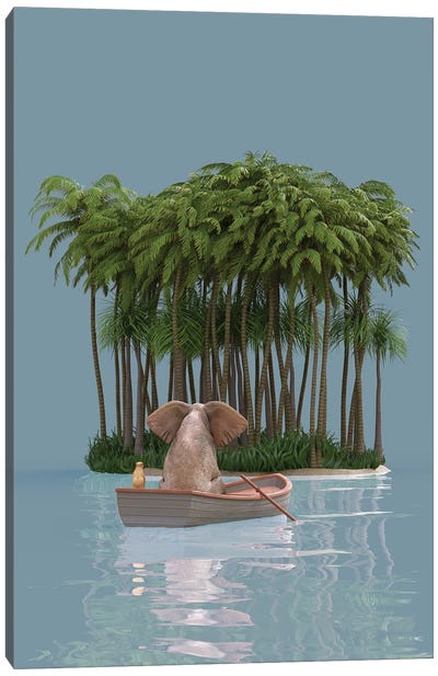 Elephant And Dog Sail In A Boat To The Island Canvas Art Print - Mike Kiev