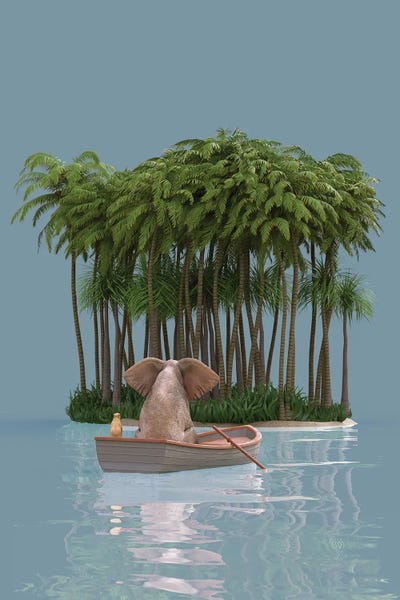 Mike Kiev: Elephant And Dog Sail In A Boat To The Island by Mike Kiev