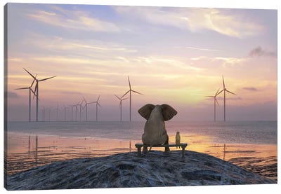 Elephant And Dog Sit On The Shore And Look At The Wind Turbine Field Canvas Art Print - Elephant Art