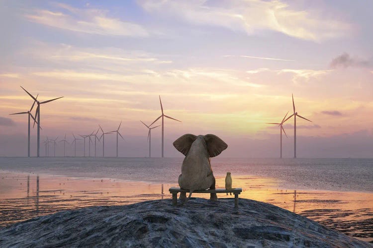 Elephant And Dog Sit On The Shore And Look At The Wind Turbine Field by Mike Kiev wall art