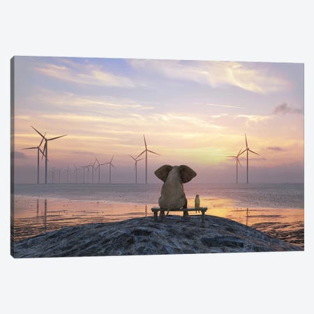 Elephant And Dog Sit On The Shore And Look At The Wind Turbine Field Canvas Print #MII189} by Mike Kiev Canvas Art Print