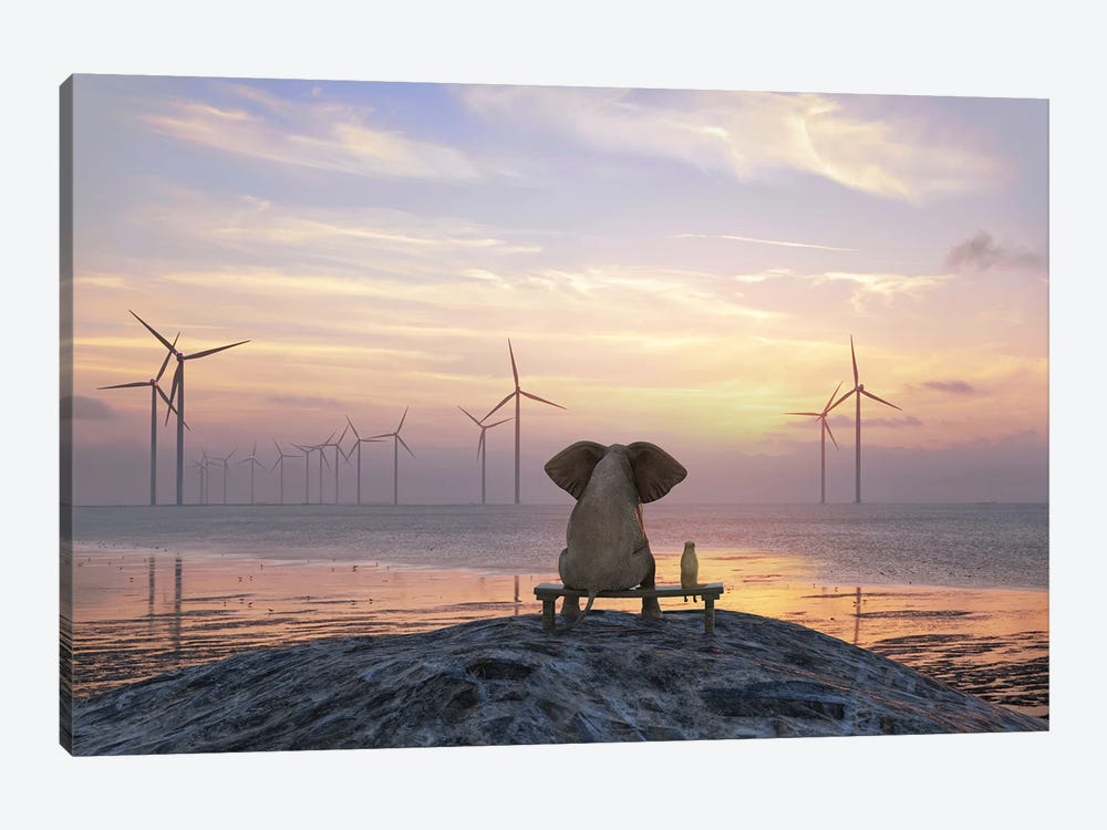 Elephant And Dog Sit On The Shore And Look At The Wind Turbine Field by Mike Kiev 1-piece Canvas Wall Art
