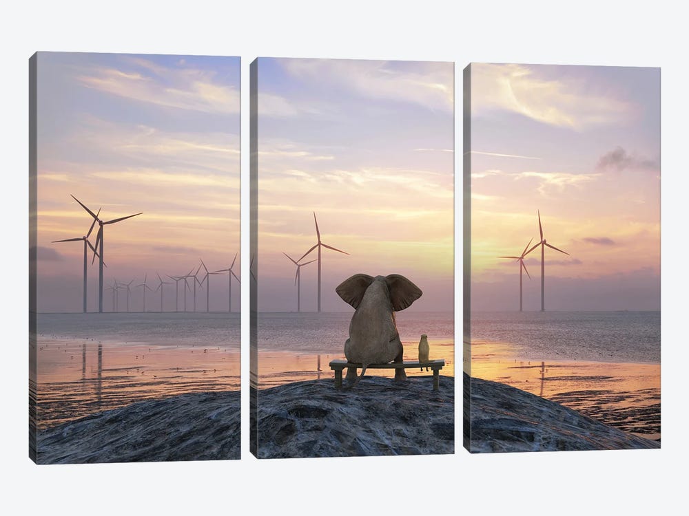 Elephant And Dog Sit On The Shore And Look At The Wind Turbine Field by Mike Kiev 3-piece Canvas Artwork