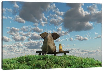 Elephant And Dog Are Sitting On A Meadow Canvas Art Print - Humor Art