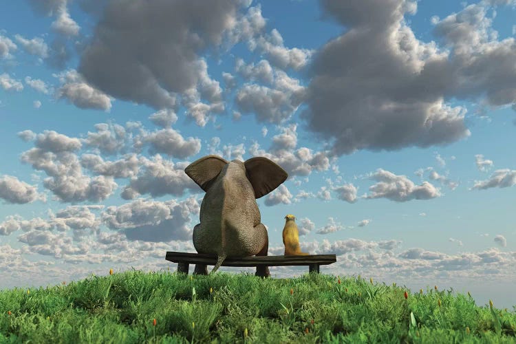 Elephant And Dog Are Sitting On A Meadow