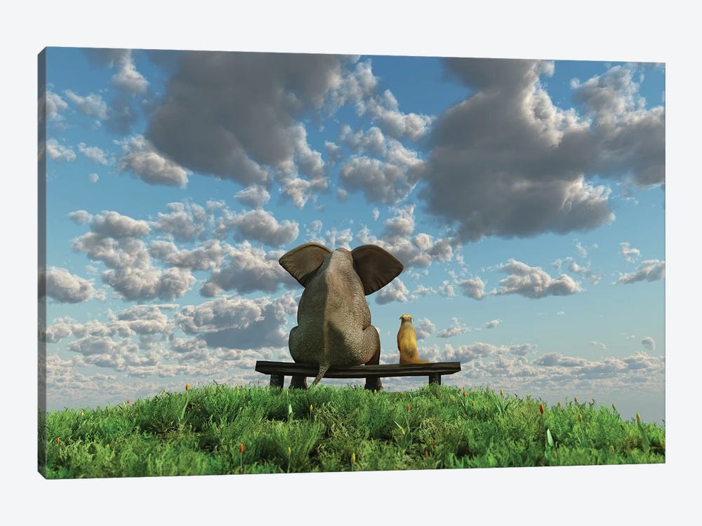 Elephant And Dog Are Sitting On A Meadow by Mike Kiev 1-piece Art Print
