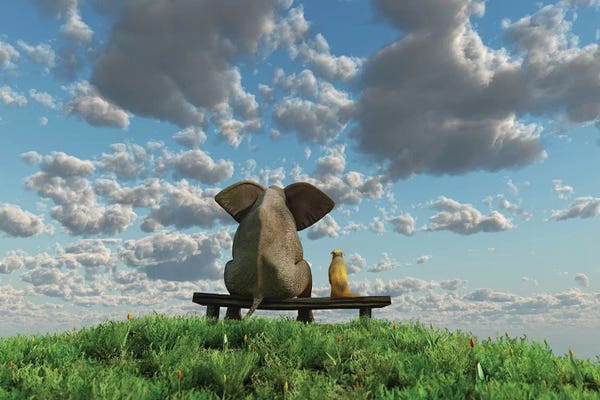 Elephants: Elephant And Dog Are Sitting On A Meadow by Mike Kiev