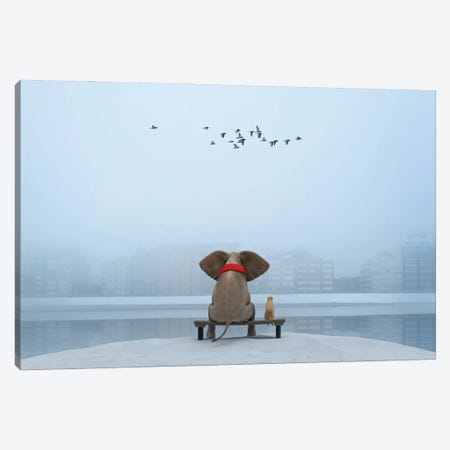Elephant And Dog Sit On The River Bank In Winter Canvas Print #MII191} by Mike Kiev Canvas Artwork