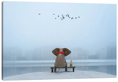 Elephant And Dog Sit On The River Bank In Winter Canvas Art Print - Mike Kiev