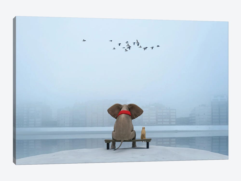 Elephant And Dog Sit On The River Bank In Winter by Mike Kiev 1-piece Art Print