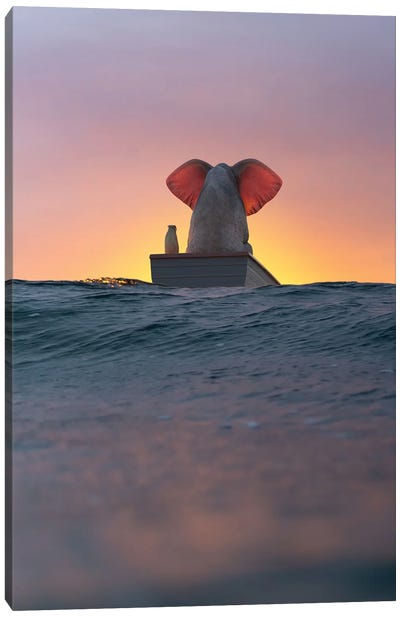 Elephant And Dog Sail In A Boat On The Sea Wave Canvas Art Print - Mike Kiev