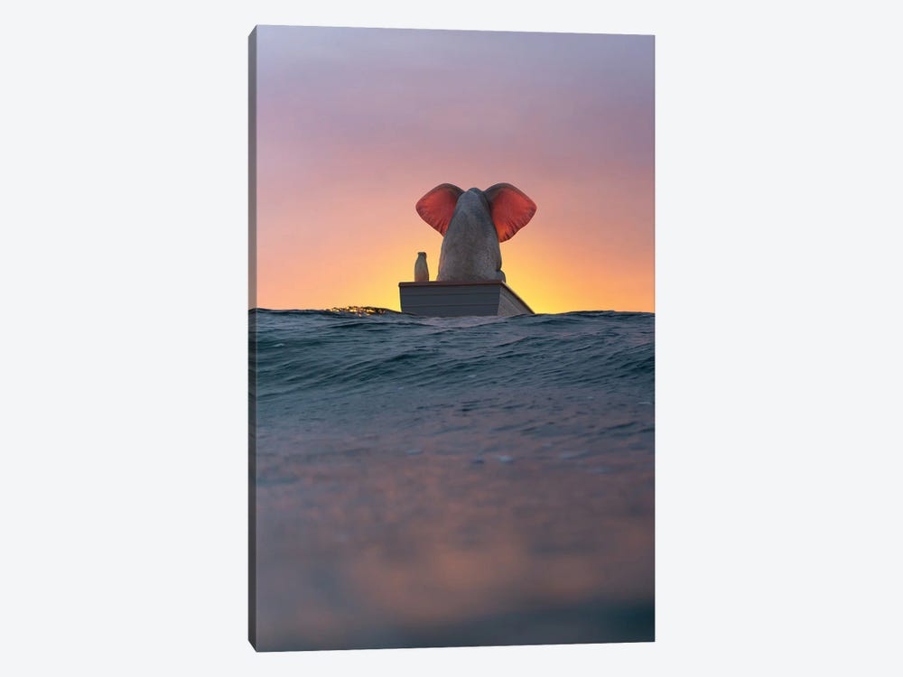 Elephant And Dog Sail In A Boat On The Sea Wave by Mike Kiev 1-piece Canvas Wall Art