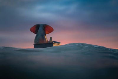Elephant And Dog Sail In A Boat On The Sea Waves II by Mike Kiev art print