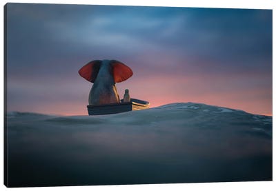 Elephant And Dog Sail In A Boat On The Sea Waves II Canvas Art Print - Mike Kiev