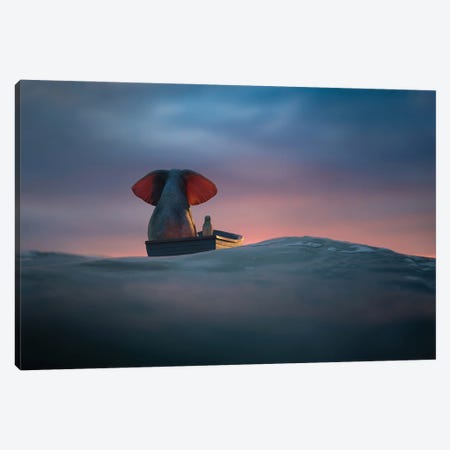 Elephant And Dog Sail In A Boat On The Sea Waves II Canvas Print #MII193} by Mike Kiev Canvas Wall Art