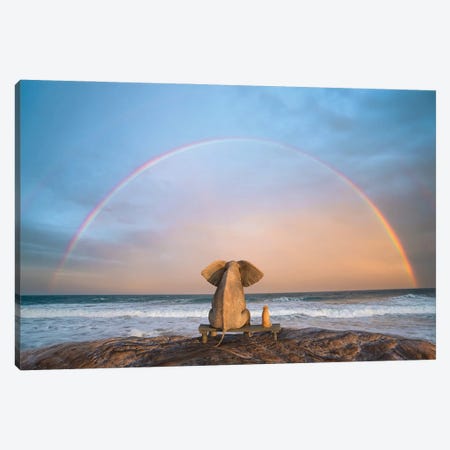 Elephant And Dog Sit On The Beach And Look At The Rainbow Canvas Print #MII194} by Mike Kiev Canvas Print