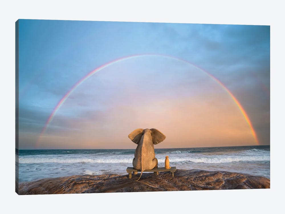 Elephant And Dog Sit On The Beach And Look At The Rainbow by Mike Kiev 1-piece Canvas Art