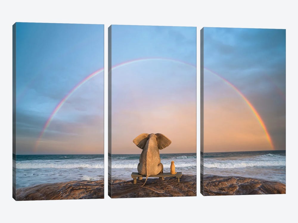 Elephant And Dog Sit On The Beach And Look At The Rainbow by Mike Kiev 3-piece Canvas Wall Art